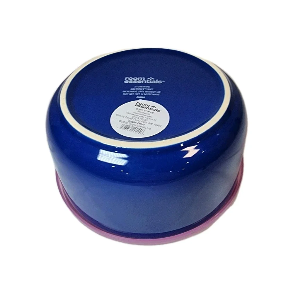 Room Essentials 2pc Food Storage Blue Stoneware Bowl Set 23oz Vented Pink Lid